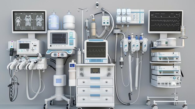 Photo anesthesia machine setup with advanced equipment and intricate tubing detailed controls and monit