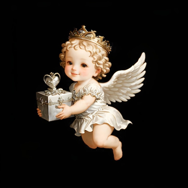 Photo angel baby girl holding a silver gift box