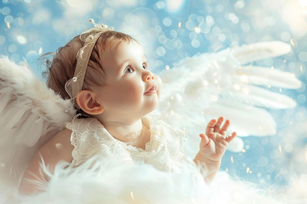 天使の赤ちゃんの肖像画が空に浮かび上がる