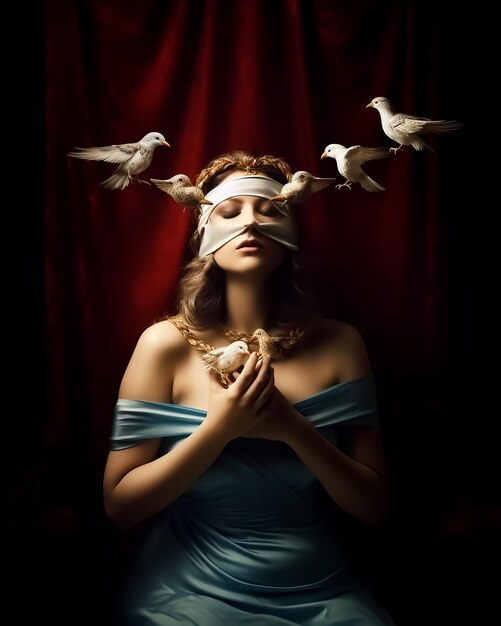 Angel blindfolded prayer covering her head and a bunch of white birds flying around her