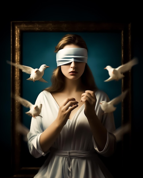 Angel blindfolded prayer covering her head and a bunch of white birds flying around her