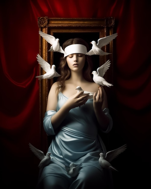 Angel blindfolded prayer covering her head and a bunch of white birds flying around her