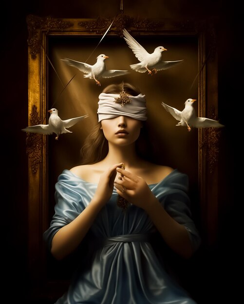 Angel blindfolded prayer covering her head and a bunch of white birds flying around her