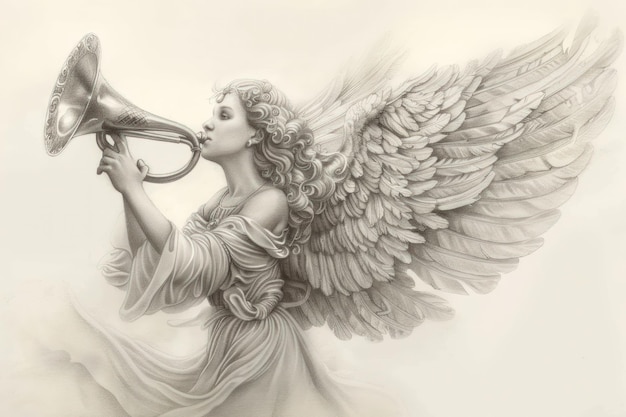 Photo angel blowing a trumpet monochrome illustration in the style of medieval engravings