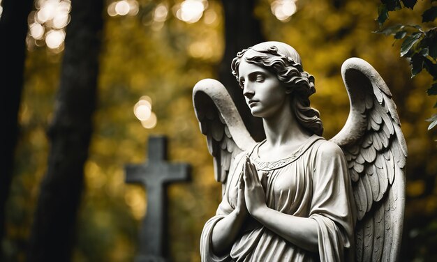 an angel in a cemetery in the woods