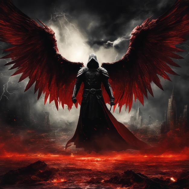 Premium AI Image  An angel of death with black wings and demonic fiery  eyes stands with his magic sword