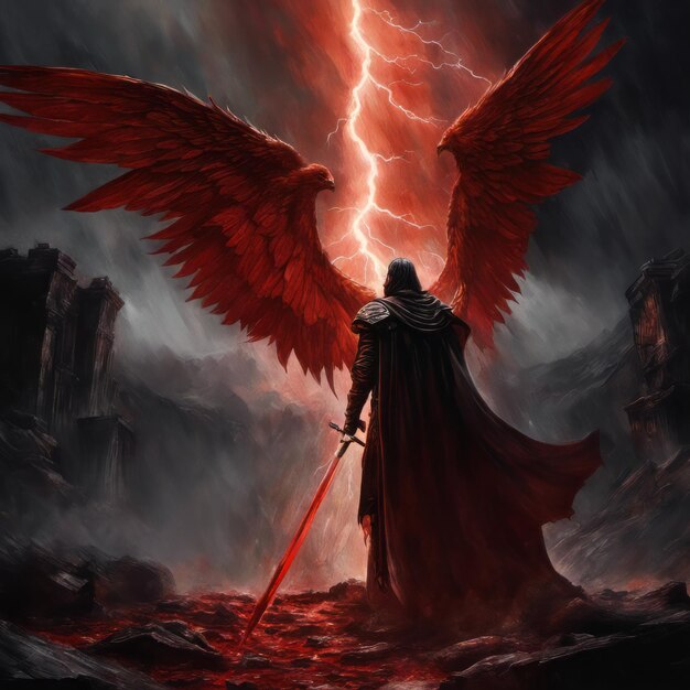 Photo an angel of death with black wings and demonic fiery eyes stands with his magic sword