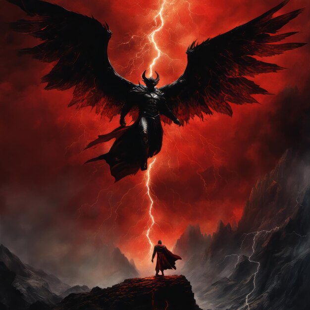 Photo an angel of death with black wings and demonic fiery eyes stands with his magic sword