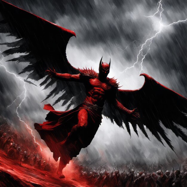 An angel of death with black wings and demonic fiery eyes stands with his magic sword