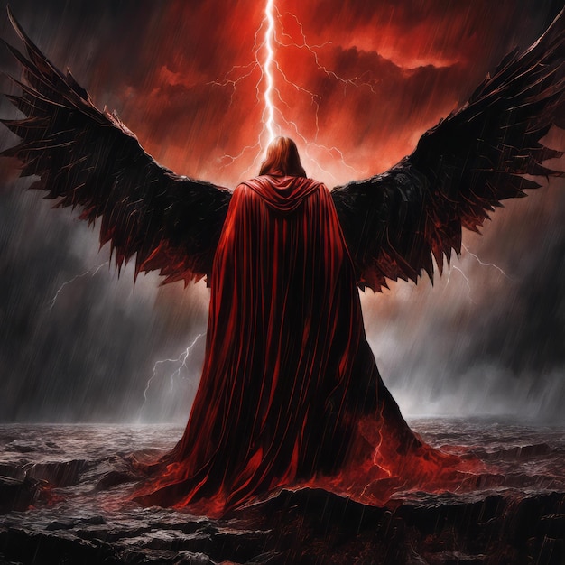 An angel of death with black wings and demonic fiery eyes stands with his magic sword