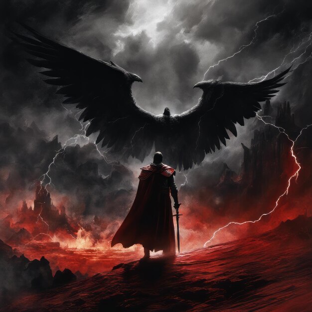 Photo an angel of death with black wings and demonic fiery eyes stands with his magic sword