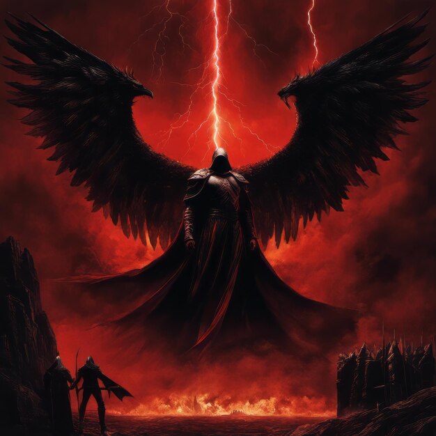 Photo an angel of death with black wings and demonic fiery eyes stands with his magic sword