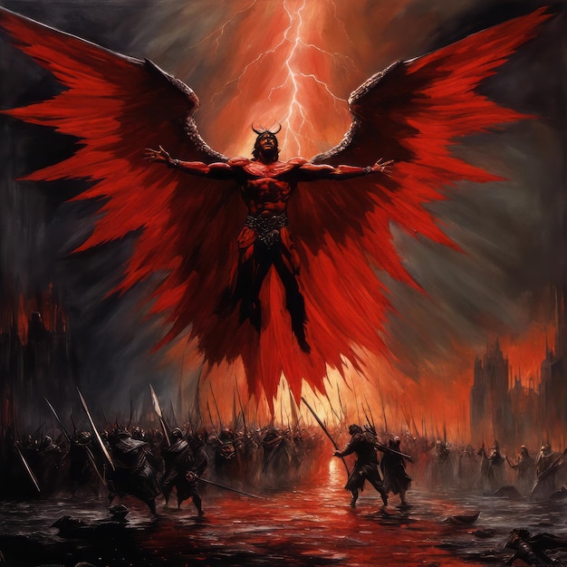 Premium AI Image  An angel of death with black wings and demonic fiery  eyes stands with his magic sword