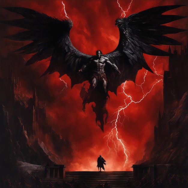 An angel of death with black wings and demonic fiery eyes stands with his magic sword