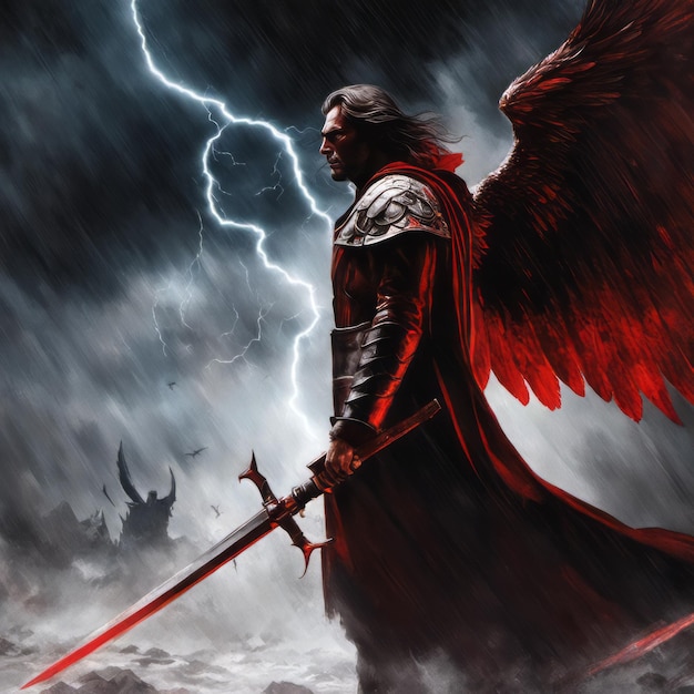 Photo an angel of death with black wings and demonic fiery eyes stands with his magic sword