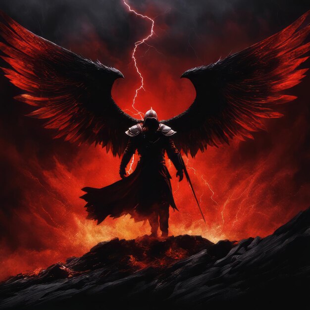 Premium AI Image  An angel of death with black wings and demonic fiery  eyes stands with his magic sword