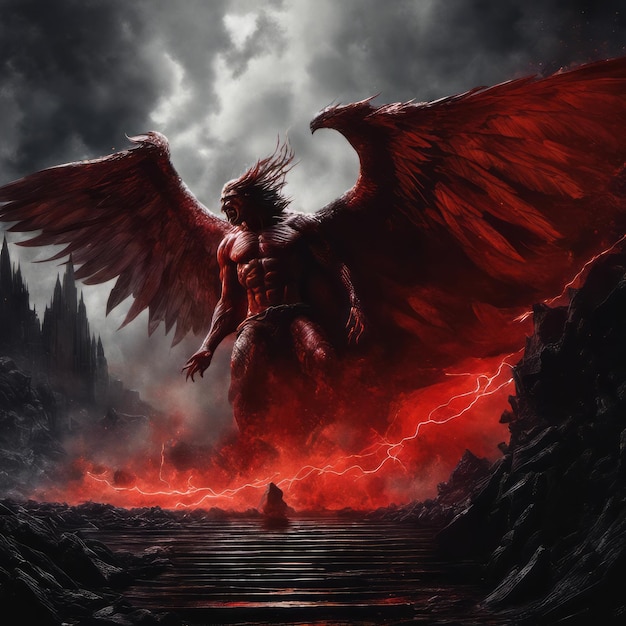 Premium AI Image  An angel of death with black wings and demonic fiery  eyes stands with his magic sword