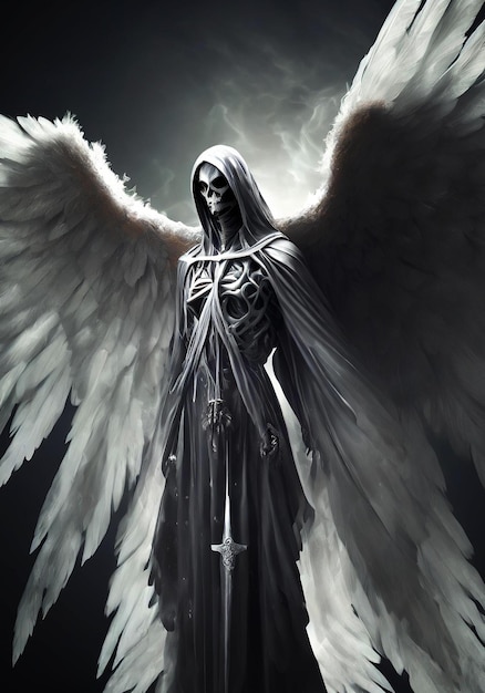 Photo the angel of death with skull face and great wing