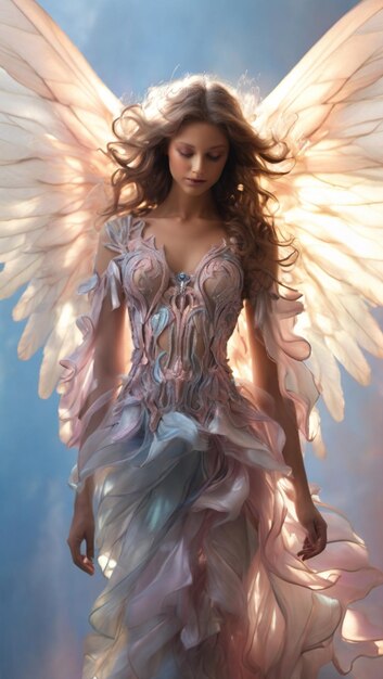 An angel descending from the sky with its large wings