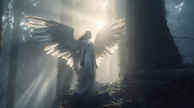Photo angel in the forest with light shining on her wings