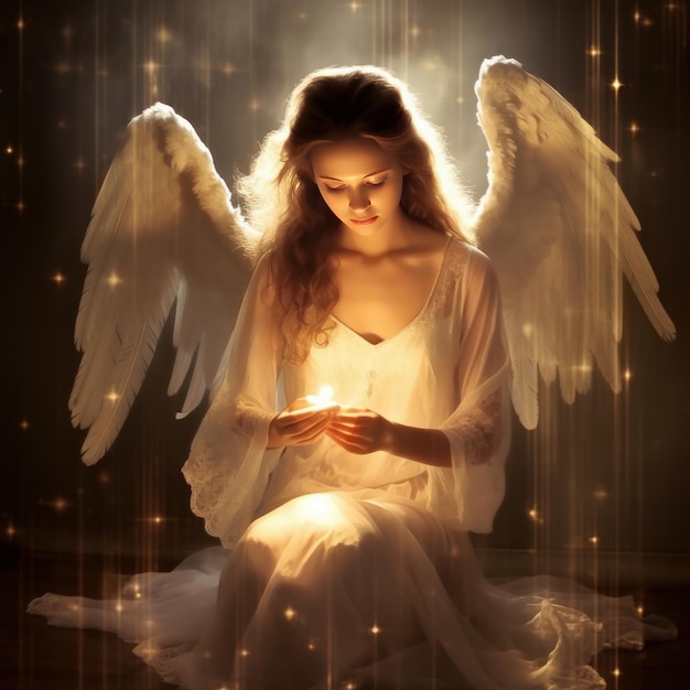 Angel girl wearing white clothes with wings and holding a ray of light