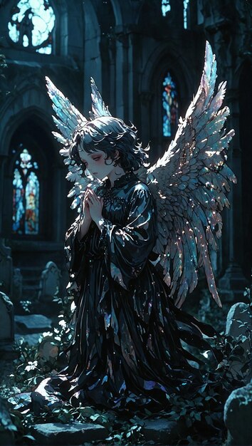 Angel gotico en anime alas envueltas en oscuridad poetica de Edgar Allan Poe en cementerio a la luz