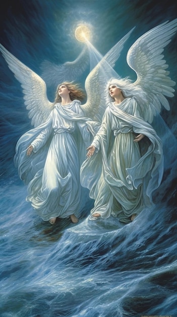 An angel and her angel are walking on the water.