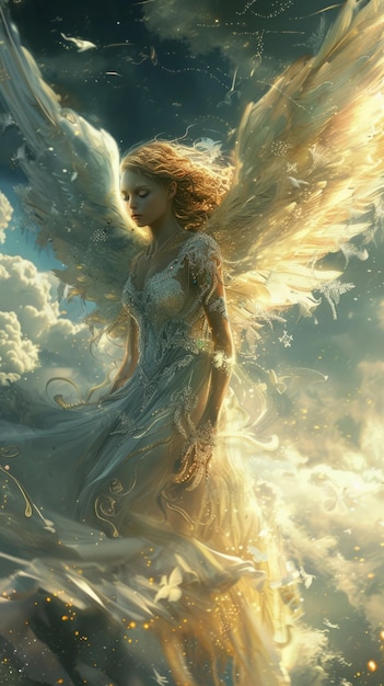 Angel magnificent illustration photos with big pair of wings and bright halo