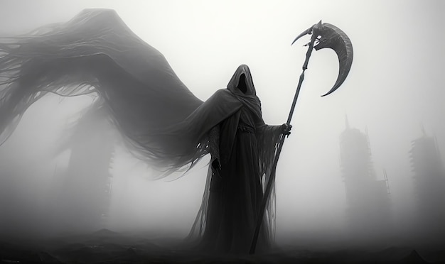 Angel of Death Zwart-wit foto van een persoon met een zeis in de gotische stijl Generative AI