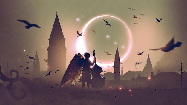 angel playing cello on roof top against night city with beautiful solar eclipse, digital art style, illustration painting