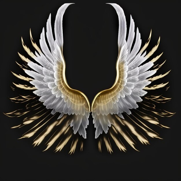 The angel\'s white wings are decorated in gold on a black\
background the wings are illuminated gold and cast a shadow the\
plumage grows in two directions 3d artwork