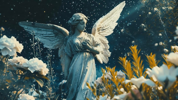 Photo an angel standing in a garden surrounded by blooming flowers and gazing up at the stars representing