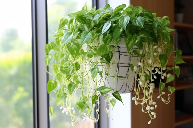 写真 エンジェル・ヴィンプラント (angel vine plant) は屋内植物の背後に吊るされた植物です