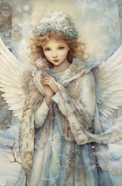 ангел с цветом в руке в снегу генеративный ай