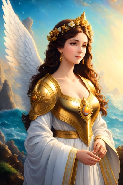Angel with golden wings on the sea