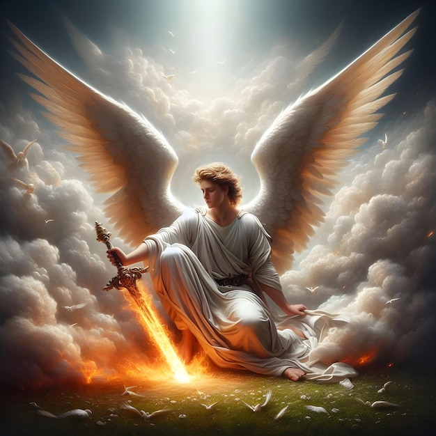 An angel with spread wings is kneeling and a fiery sword | Premium AI