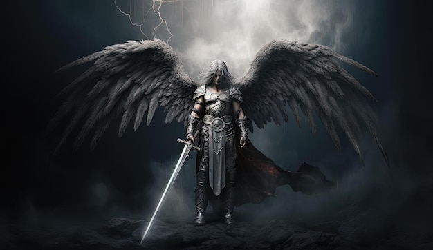 Photo an angel with sword is standing in the middle of some dark background