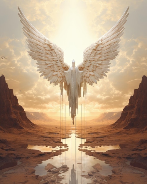 Angel with wings holding a cross over a desert Generative AI