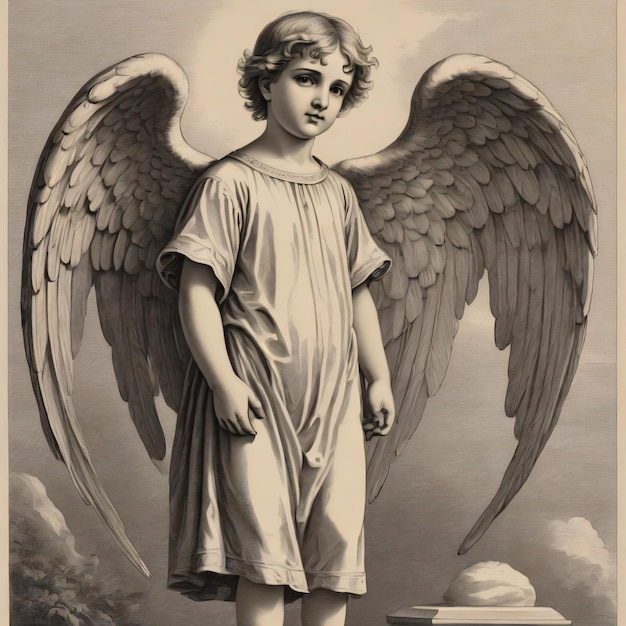 angel with wings in an old engraving style