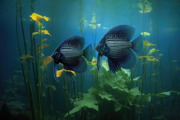 Angelfish pair swimming among exotic underwater plants created with generative ai