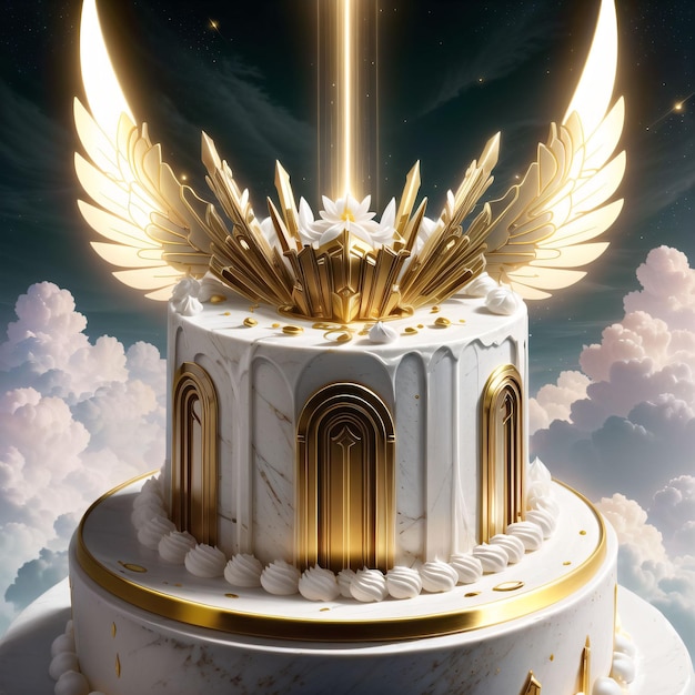 angelic cake with halo and wings in paradise
