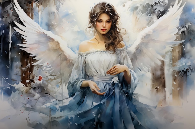 Angelic figures in Christmas pageantry showcased in snowy watercolor landscapes