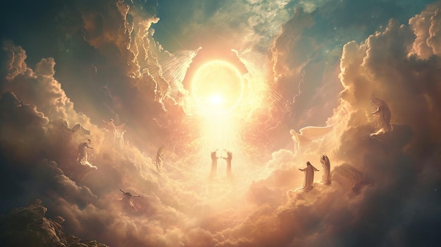 Angelic Figures and Open Sky in Christs Resurrection Background