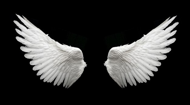 Angelic white feathered wings isolated on black