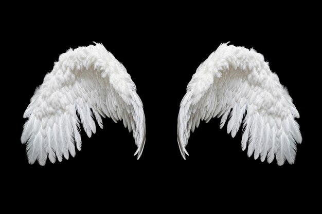 Angelic white feathered wings isolated on black