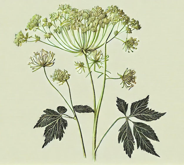 Angelica Botanical Illustration Archangelica 약용 식물 추상 생성 AI 일러스트레이션