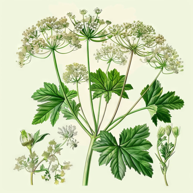Photo angelica botanical illustration archangelica medicinal plant angelica flowers botanical drawing