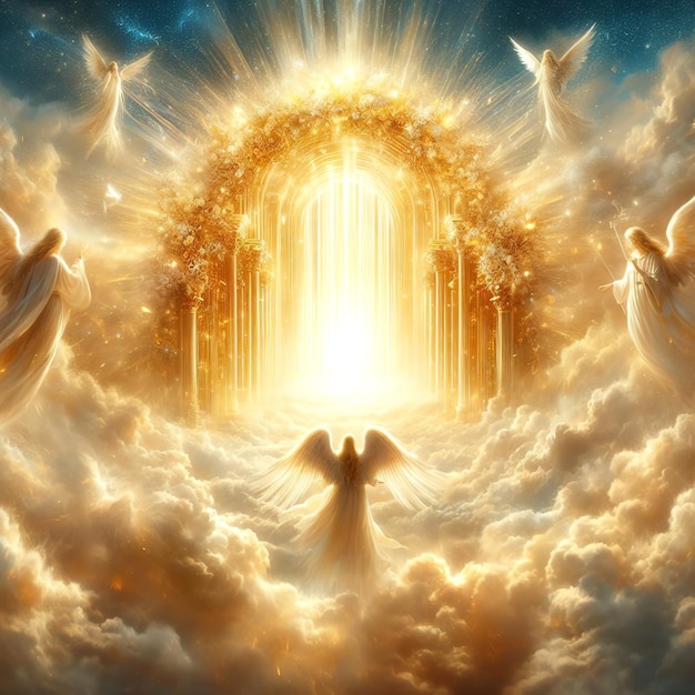 Angels on clouds near shimmering gates at the entrance to the Kingdom of Heaven