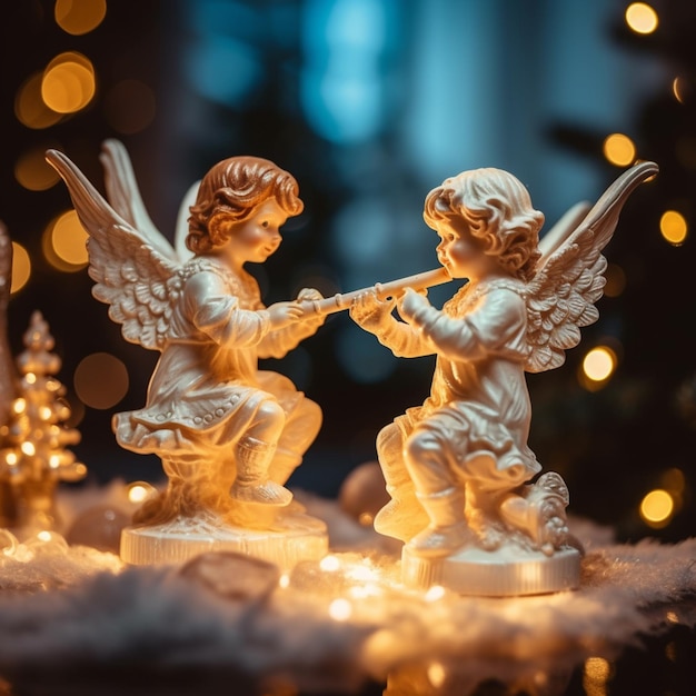 Angels playing flute in front of a christmas tree with lights generative ai