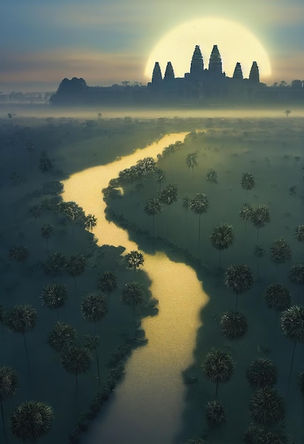 Angkor Wat Siem Reap Cambodia Designer's fantasy Beautiful illustration poster